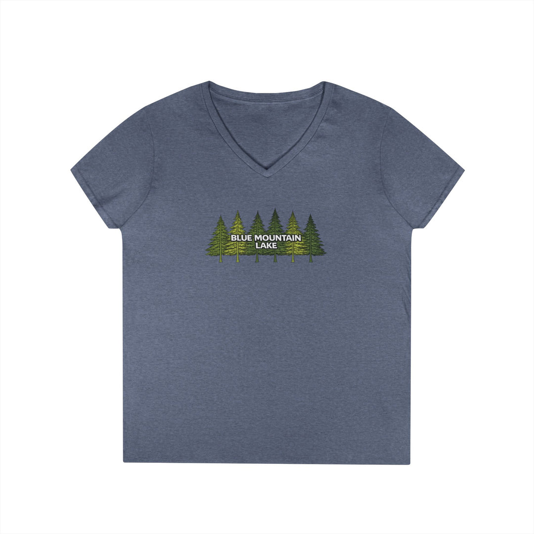 Blue Mountain Lake Pine Trees Ladies V-Neck T-Shirt