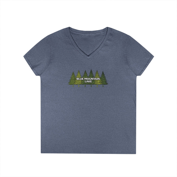 Blue Mountain Lake Pine Trees Ladies V-Neck T-Shirt