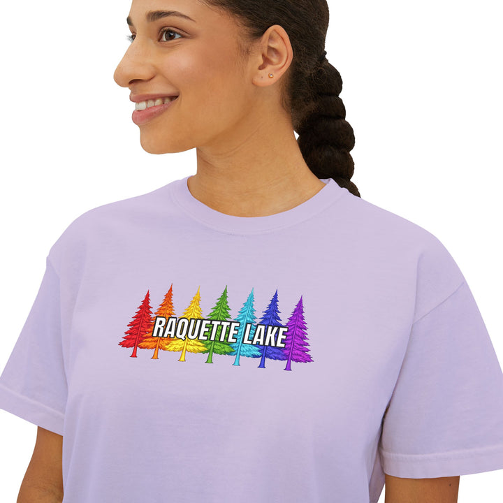 Raquette Lake Ladies Boxy Tee - Rainbow Trees