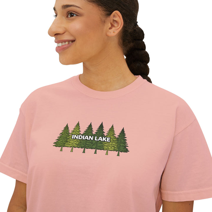Indian Lake Ladies Boxy Tee - Pine Trees