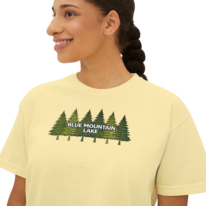 Blue Mountain Lake Pine Trees Ladies Boxy Tee