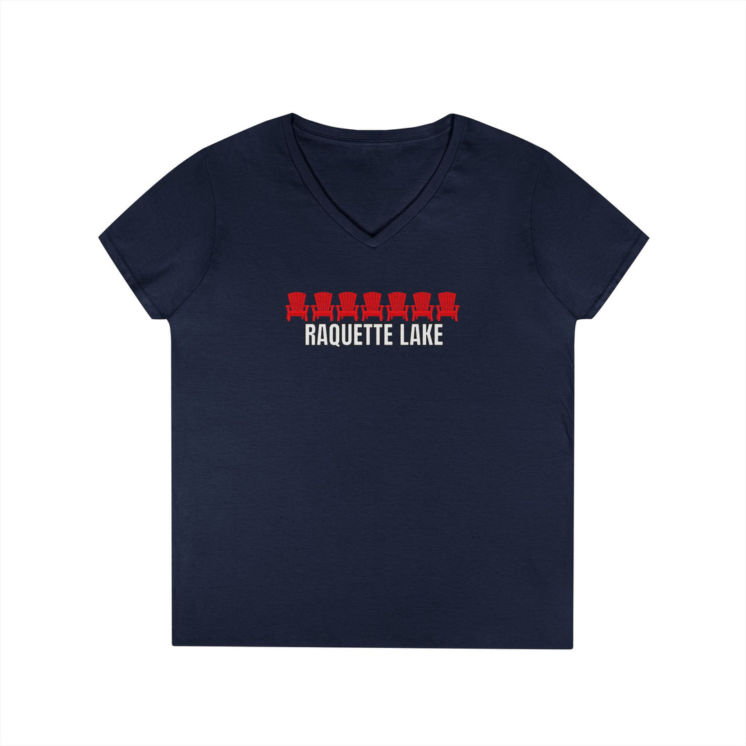 Raquette Lake Ladies V-Neck T-Shirt - Red Chairs
