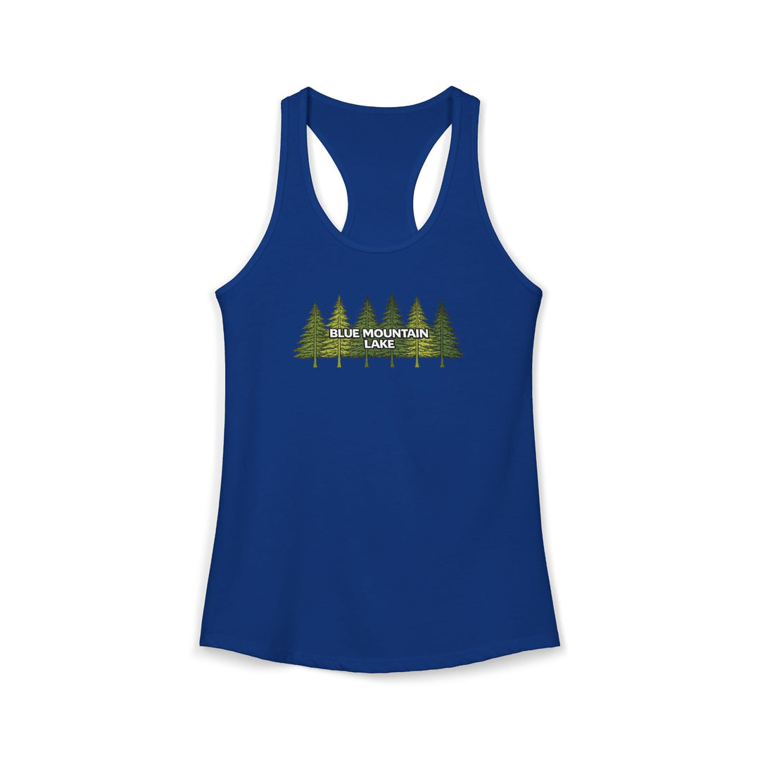 Blue Mountain Lake Pine Trees Ladies Racerback