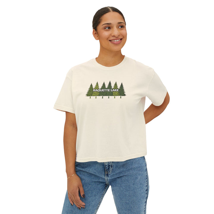 Raquette Lake Ladies Boxy Tee - Pine Trees