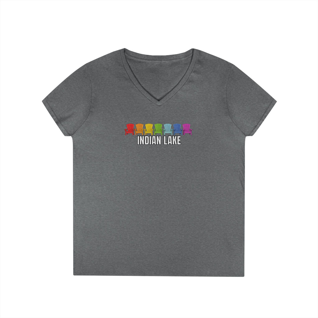 Indian Lake Ladies V-Neck T-Shirt - Rainbow Chairs