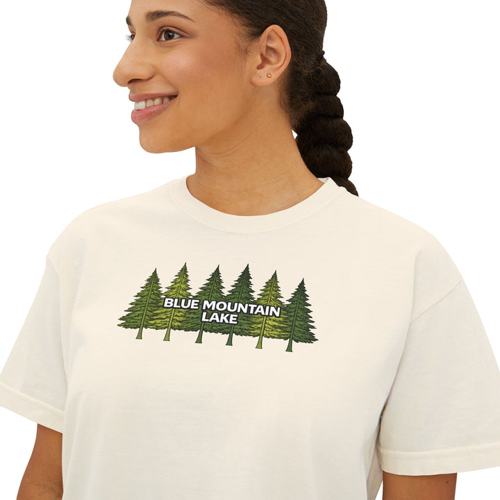 Blue Mountain Lake Pine Trees Ladies Boxy Tee