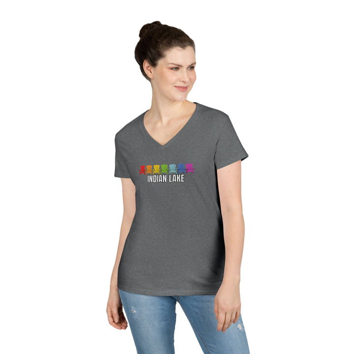 Indian Lake Ladies V-Neck T-Shirt - Rainbow Chairs