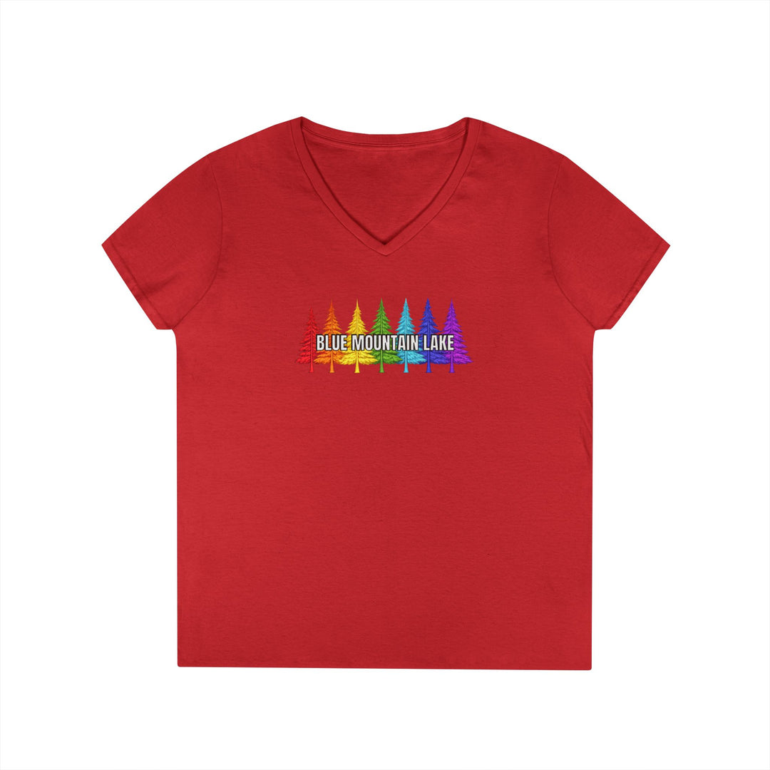 Blue Mountain Lake Rainbow Trees Ladies V-Neck T-Shirt