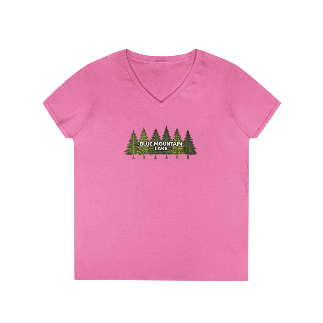 Blue Mountain Lake Pine Trees Ladies V-Neck T-Shirt