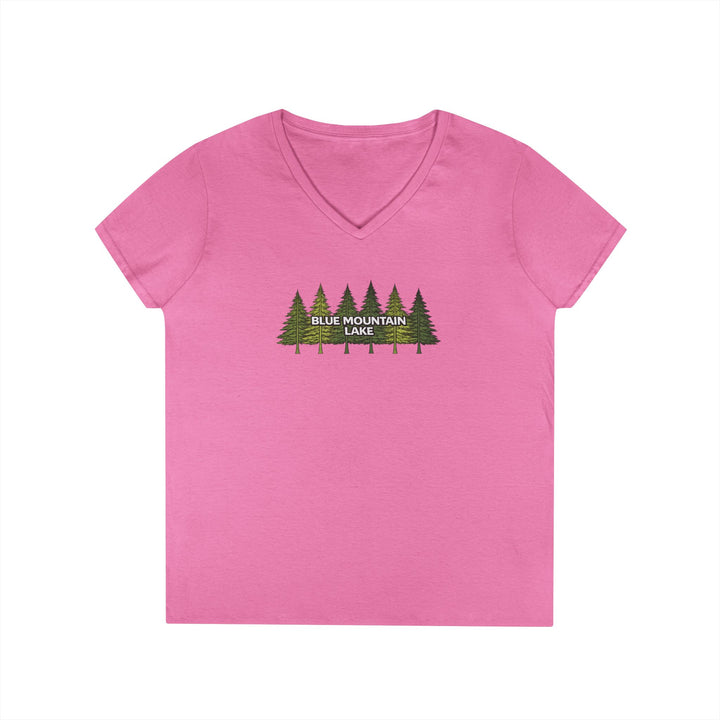 Blue Mountain Lake Pine Trees Ladies V-Neck T-Shirt