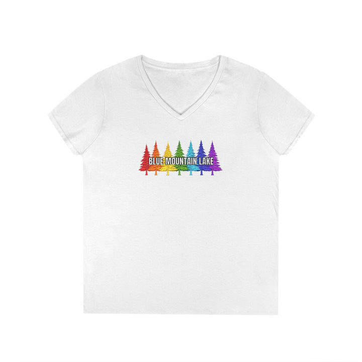 Blue Mountain Lake Rainbow Trees Ladies V-Neck T-Shirt