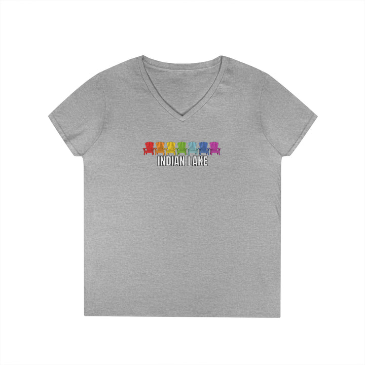 Indian Lake Ladies V-Neck T-Shirt - Rainbow Chairs