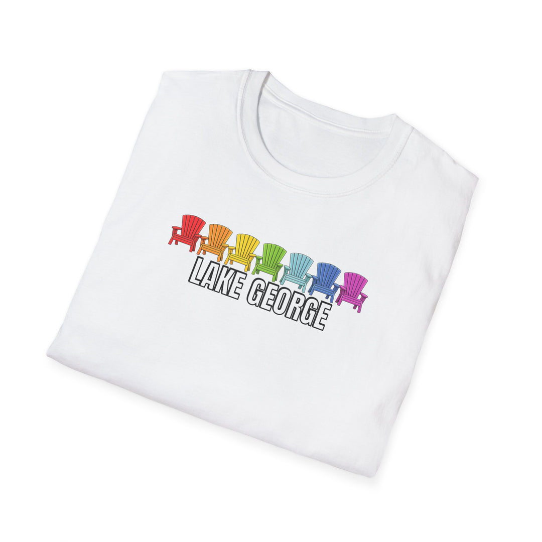 Lake George Unisex T-Shirt - Rainbow Chairs