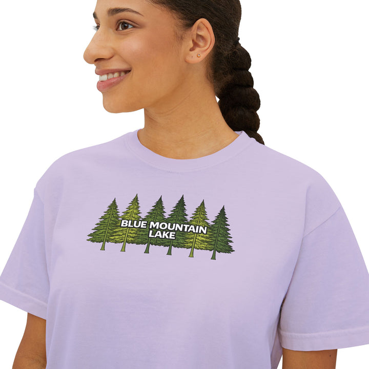Blue Mountain Lake Pine Trees Ladies Boxy Tee
