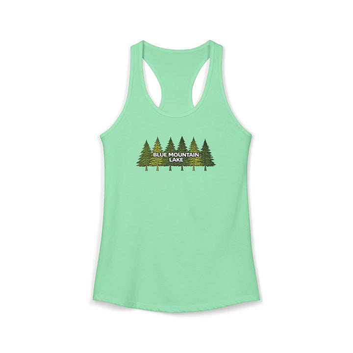 Blue Mountain Lake Pine Trees Ladies Racerback
