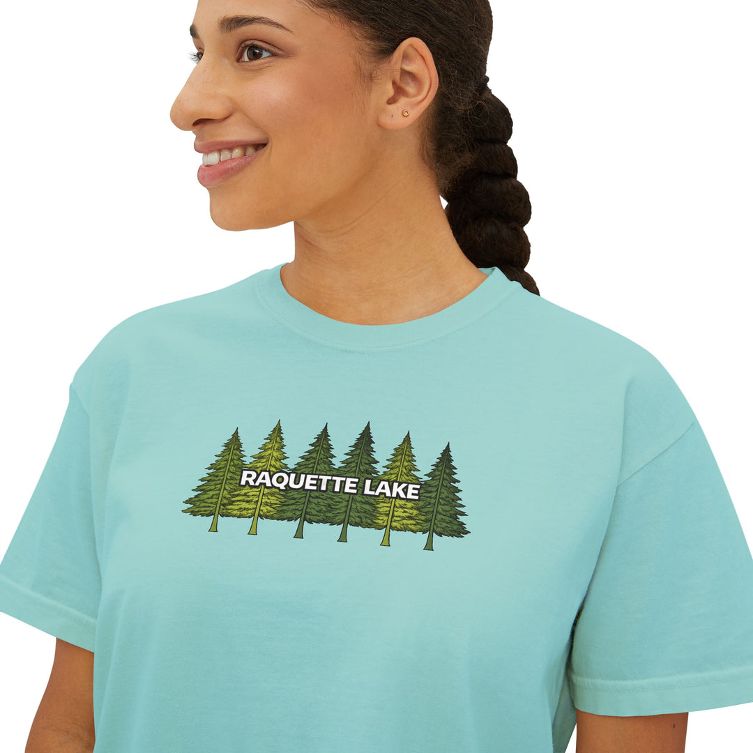Raquette Lake Ladies Boxy Tee - Pine Trees