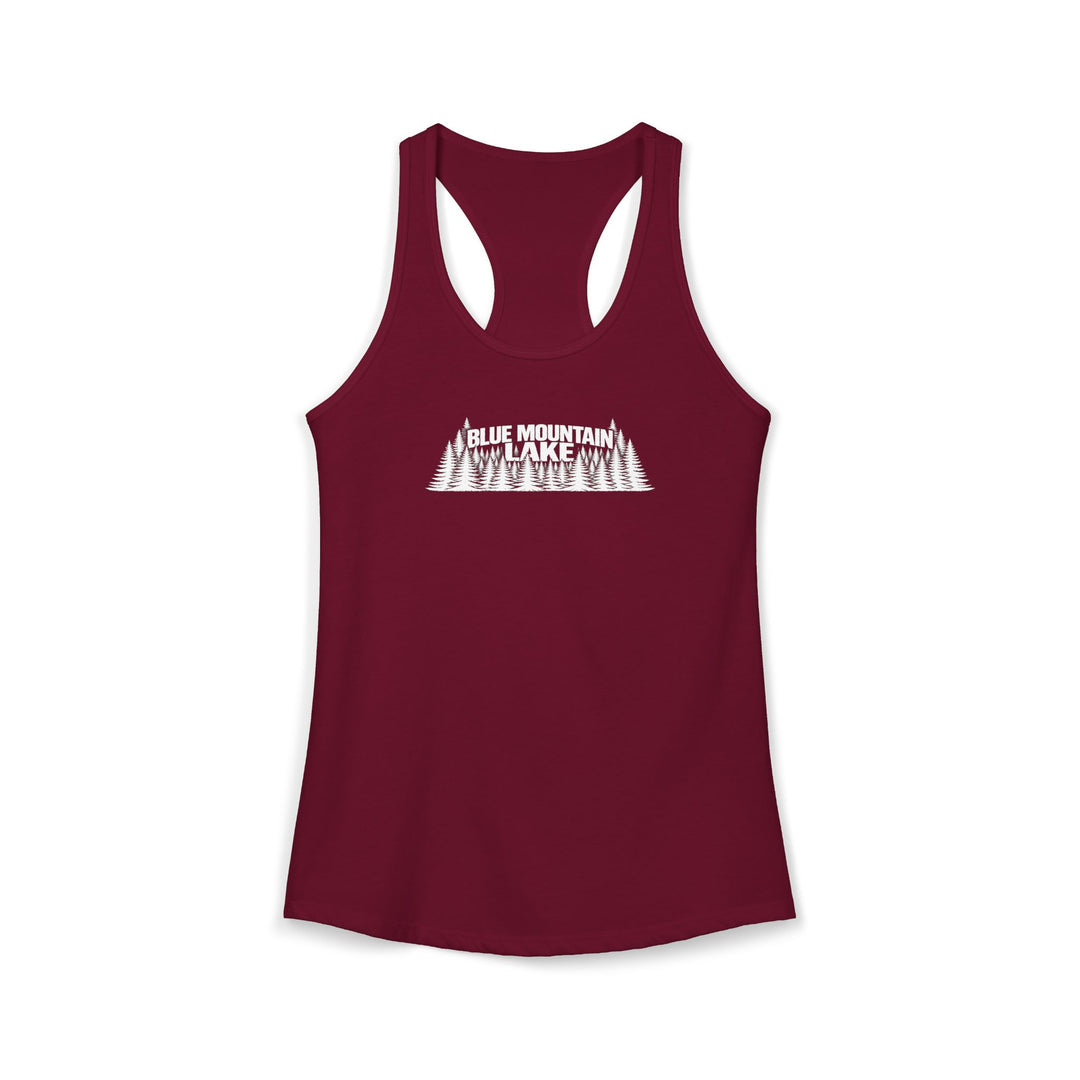 Blue Mountain Lake Trees Ladies Racerback