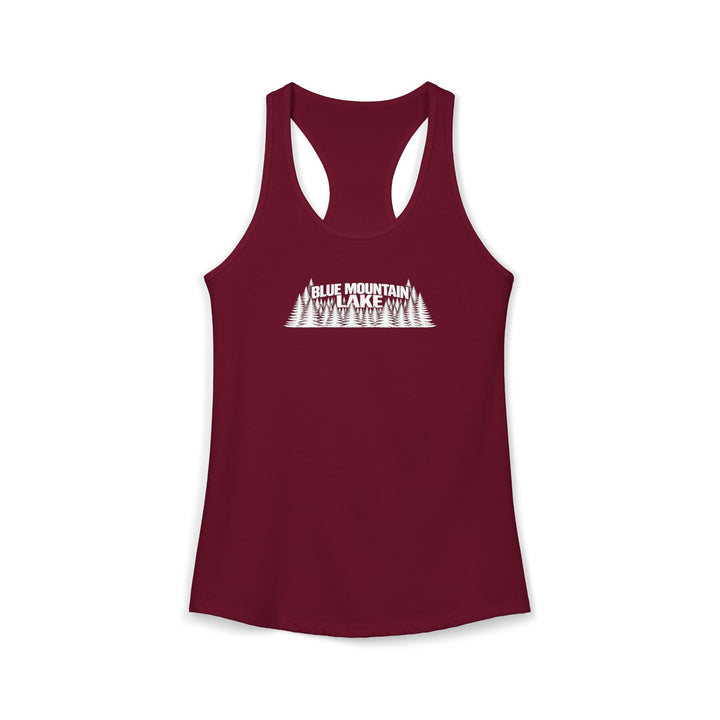 Blue Mountain Lake Trees Ladies Racerback